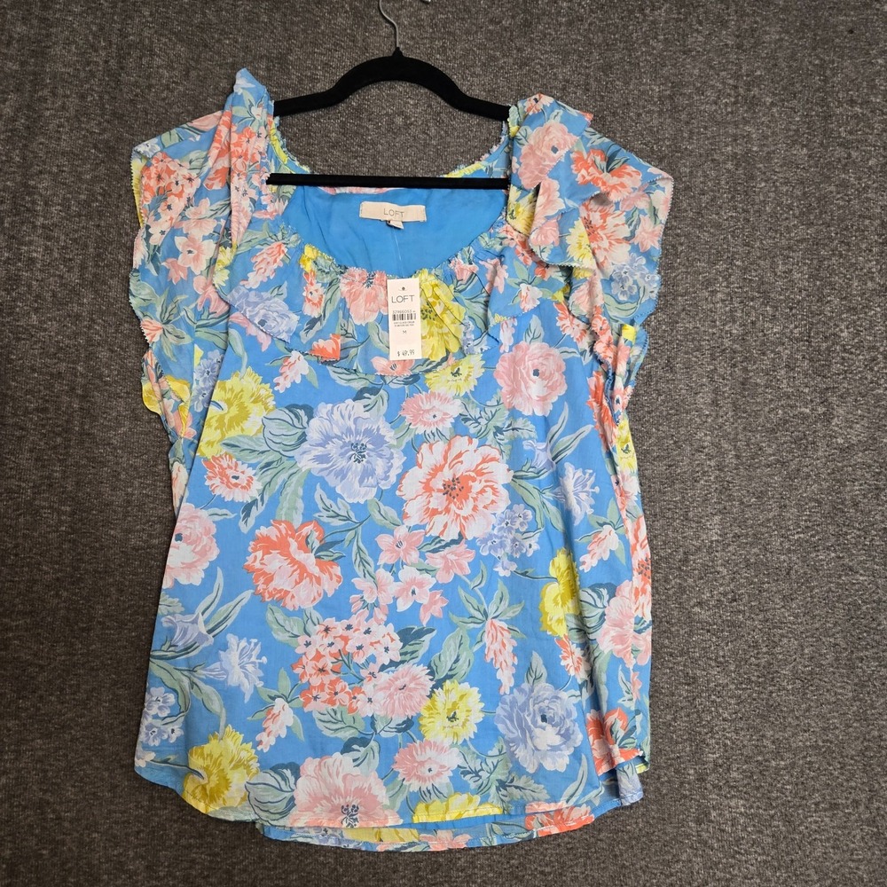 Loft Blue Floral Ruffled Top Womens Size Medium Lined‎ Cap Sleeve Summer Beachy